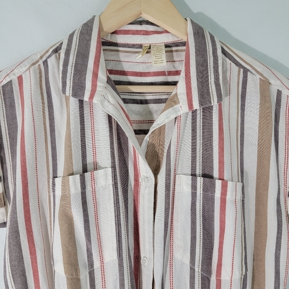 Japna Womens Multi Striped Shirt Dress Sz M Tie Waist Pocket Short Sleeve Woven - Picture 3 of 11